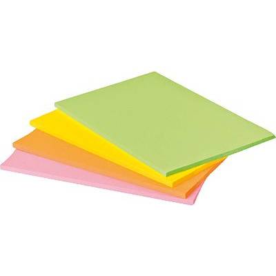 Four stacks of colourful sticky notes in pink, yellow, orange, and green layered on top of each other.