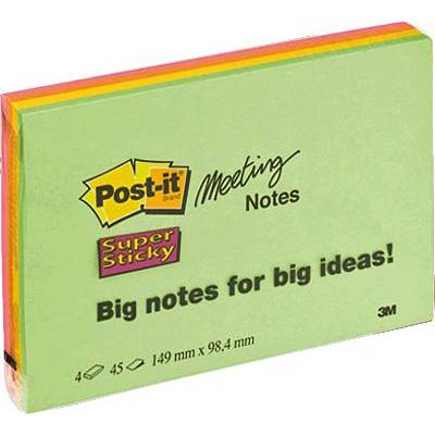A pack of 'Post-it Super Sticky Meeting Notes' in Green. Text: 'Big notes for big ideas!' Size: 149 x 98.4 mm. Contains 45 sheets.