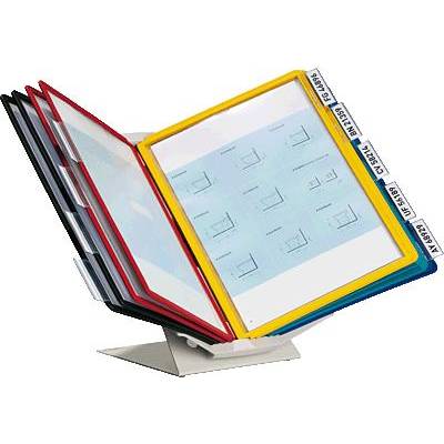 Multicoloured desk stand with multiple fold-out document sleeves, suitable for organising papers in offices.