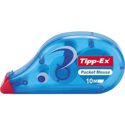 Correction roller with a blue casing and red tip, brand 'Tipp-Ex Pocket Mouse', with a length of 10 metres.
