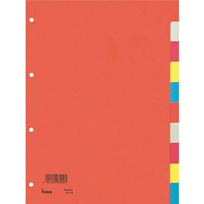 Red lever arch file folder with coloured divider tabs on the right side. Four hole punches at the top left.