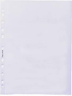A clear, transparent plastic sleeve with perforations for filing in a folder.