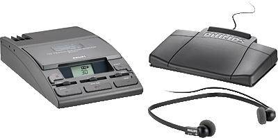 Dictation machine with display, foot pedal and earphones. Suitable for audio transcription. Branded 'Philips'. Ideal for office applications.