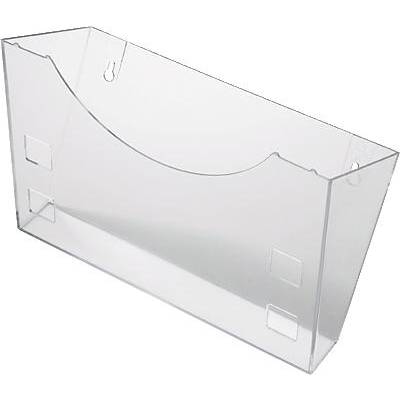 Transparent plastic wall-mounted brochure holder, with a slightly curved edge, suitable for A4 documents.