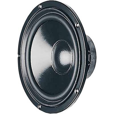 Black speaker with a round housing and multiple screw holes, side view.