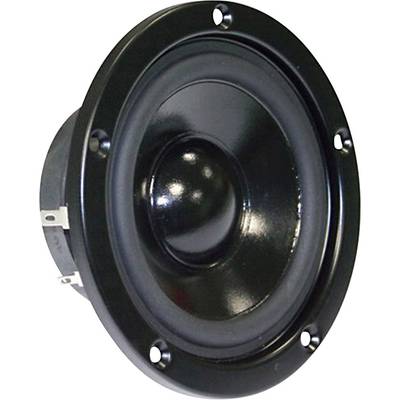 Black speaker with a round housing and four mounting holes at the edges.