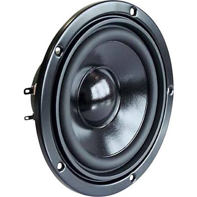 A round speaker with a black cone and four mounting holes around the edge. It is viewed from the side and has a slight sheen.