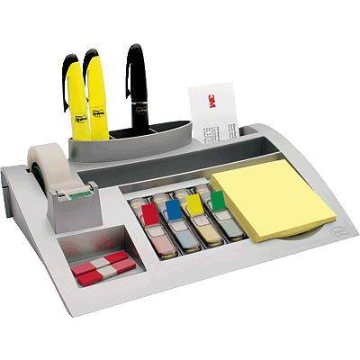 Desk organiser with yellow and black pens, sticky tape, sticky notes, paperclips, and erasers for office supplies.