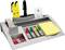Desk organiser with yellow and black pens, sticky tape, sticky notes, paperclips, and erasers for office supplies.