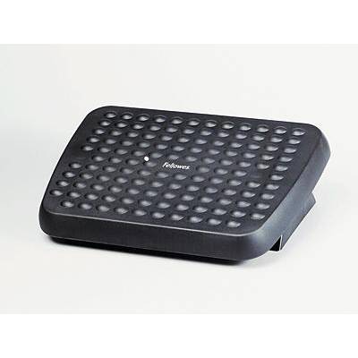 Black ergonomic footrest with a textured surface for massaging and supporting the feet while sitting.