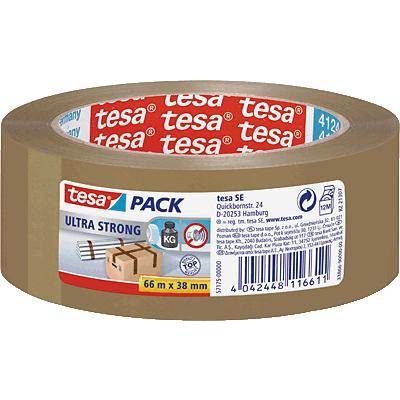 'Tesa Pack Ultra Strong' adhesive tape in brown, 66 m long and 38 mm wide. Symbols for high strength are displayed on the packaging.