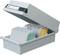 Grey index card box with an open lid, alphabetically sorted index cards in white, green, and yellow visible.