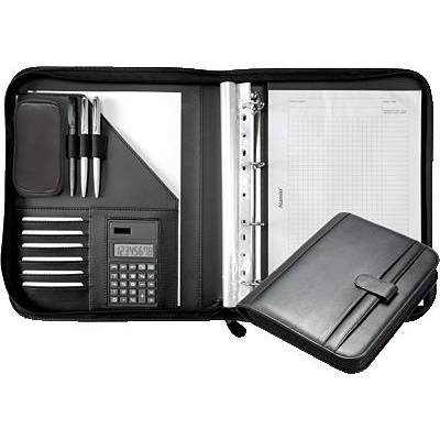 An open, black ring binder with pockets, a calculator, pens, and a notepad, ideal for business meetings.