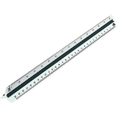 A triangular scale rule with multiple scales, used for drawing and measuring technical drawings and architectural plans.