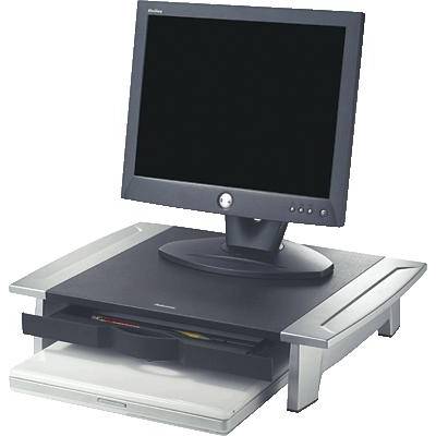A computer monitor sits on a desk organiser with a pull-out drawer. Ideal for space-saving office organisation.