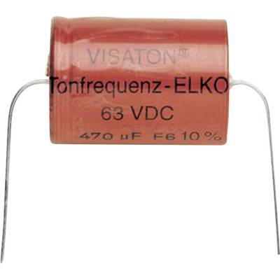 Capacitor with label 'Audio Frequency Electrolytic Capacitor, 63 VDC, 470 µF, ±10%'. Manufacturer's name is visible. Primarily used for audio applications.