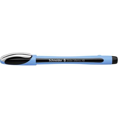 A blue ballpoint pen with a black grip and silver tip, brand 'Schneider Slider Memo XB'.
