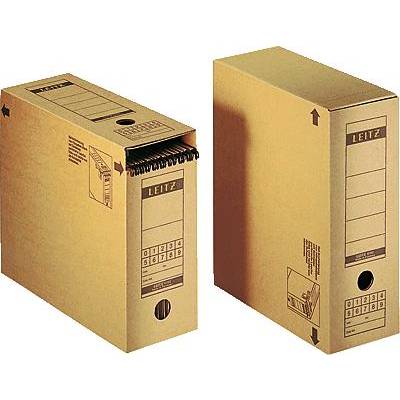 'Two beige Leitz archive folders, one opened with a lid, the other closed. Ideal for orderly document storage.'
