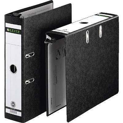 Two black ring binders, one open and one closed, with white labels and the 'Leitz' brand. The open binder shows loose sheets.