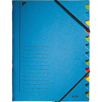 Blue document folder with coloured divider tabs on the side and elastic bands to secure documents.