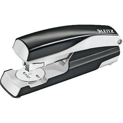 A black and silver stapler by Leitz, opened and ready to staple paper.
