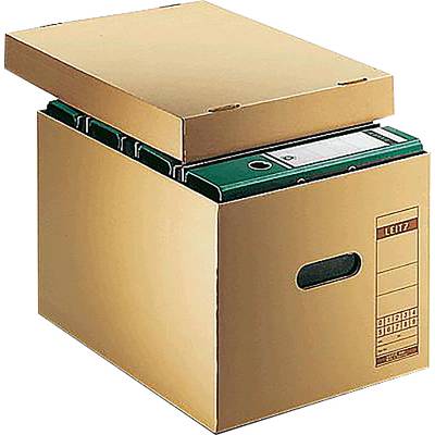 An opened archive box containing several green folders. The box has hand holes and is suitable for easy transportation.