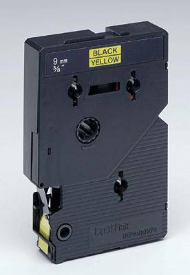 A black and yellow Brother label tape with a width of 9 mm.
