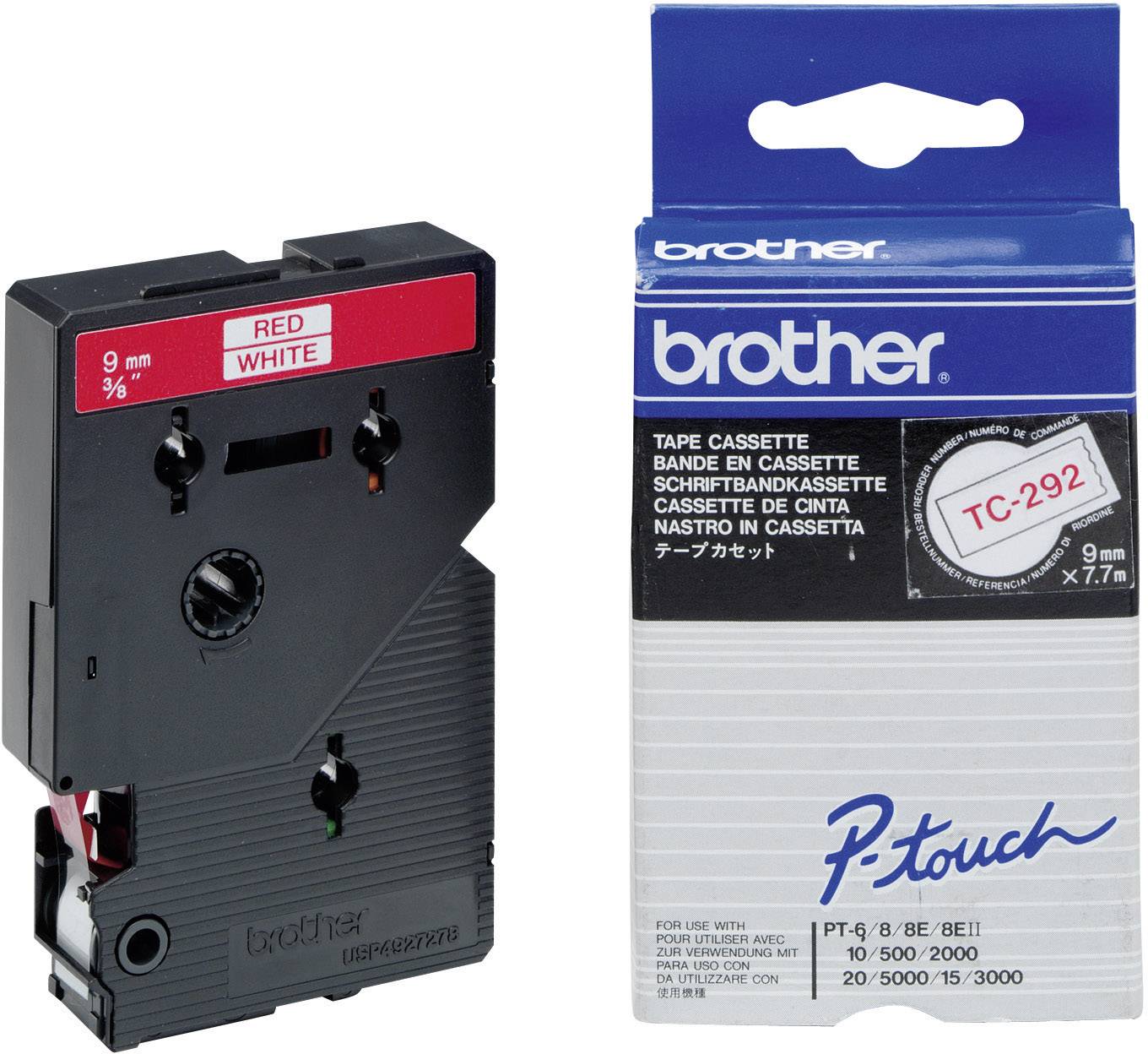 Brother label tape cassette, model TC-292, 9 mm x 7.7 m, red on white. Packaging displays product details and brand logo.