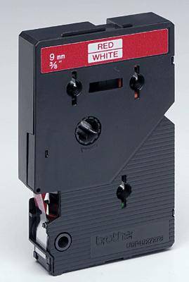 Black label tape with red sticker and the inscription 'Red White', 9 mm.