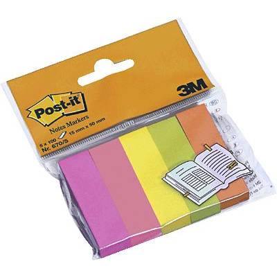 Post-it pack with markers in five colours: pink, orange, yellow, green and purple. Marking for book page marking.