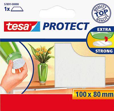 Packaging for 'tesa Protect' furniture gliders, extra strong, rectangular, 100 x 80 mm. Contains application graphics and a green bouquet of flowers.