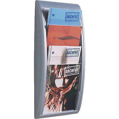 A magazine rack with multiple compartments holding colourful magazines from the 'Archive' brand.
