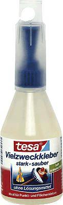 Tesa multipurpose glue stick with the inscription 'Strong + clean multi-purpose adhesive, solvent-free, ideal for spot and surface bonding'.