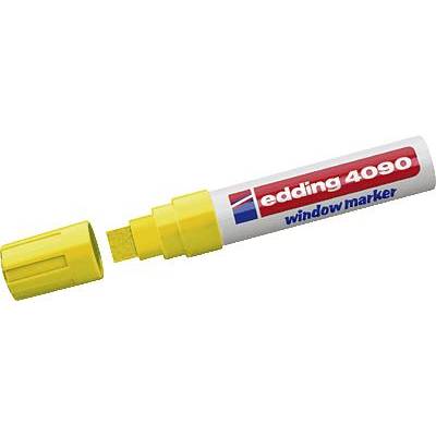 Yellow Edding 4090 window marker with cap removed, showing the broad, rectangular tip, suitable for writing on glass surfaces.