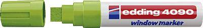 Green 'edding 4090 window marker' with cap removed, square felt tip. Ideal for writing on smooth surfaces.