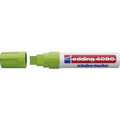 Green 'edding 4090 window marker' with cap removed, square felt tip. Ideal for writing on smooth surfaces.