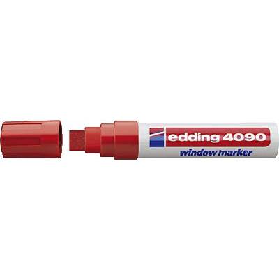 Red Pen: Edding 4090 Window Marker, cap open, narrow, rectangular tip visible. Primarily used for writing on glass.