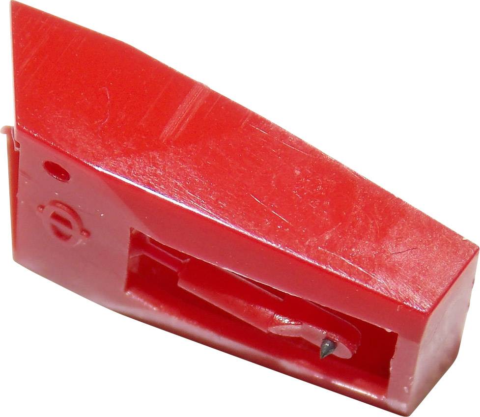 A red, wedge-shaped replacement cartridge for a record player, with a small, protruding stylus on its underside.