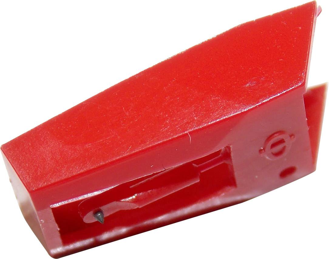 Red record player tonearm, viewed at an angle, showing the needle tip and its mounting.