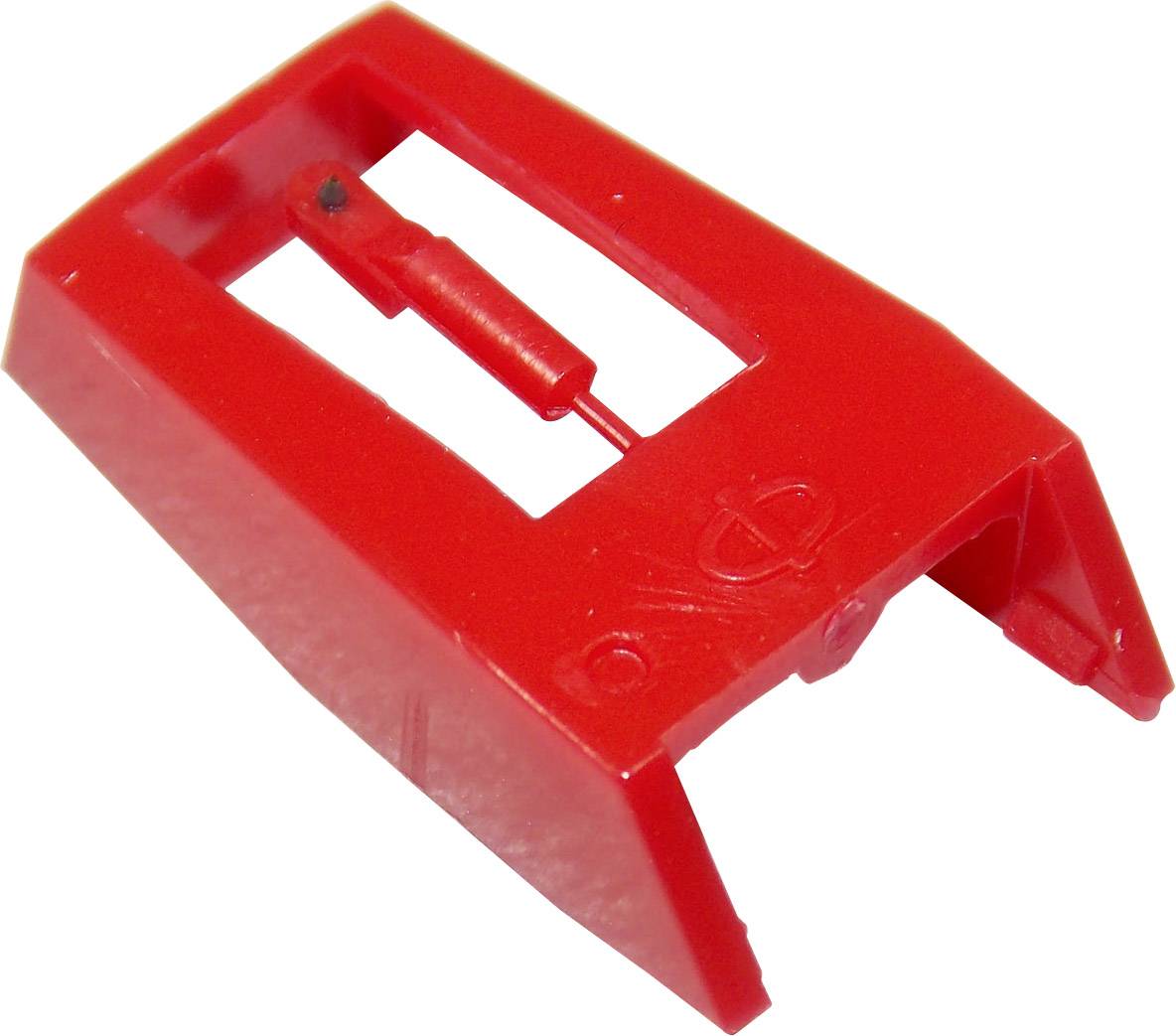 Red stylus of a record player, used for sound reproduction on vinyl records.