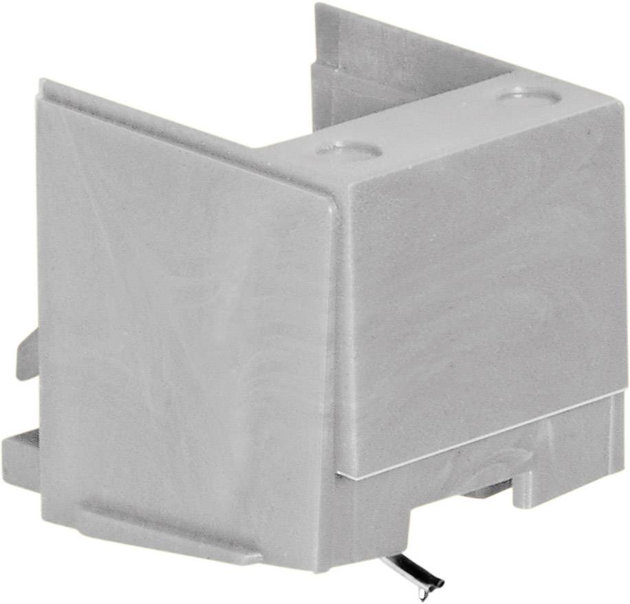 A grey plastic mounting bracket that may be used in technical or electronic applications. It has rectangular wings on the sides.