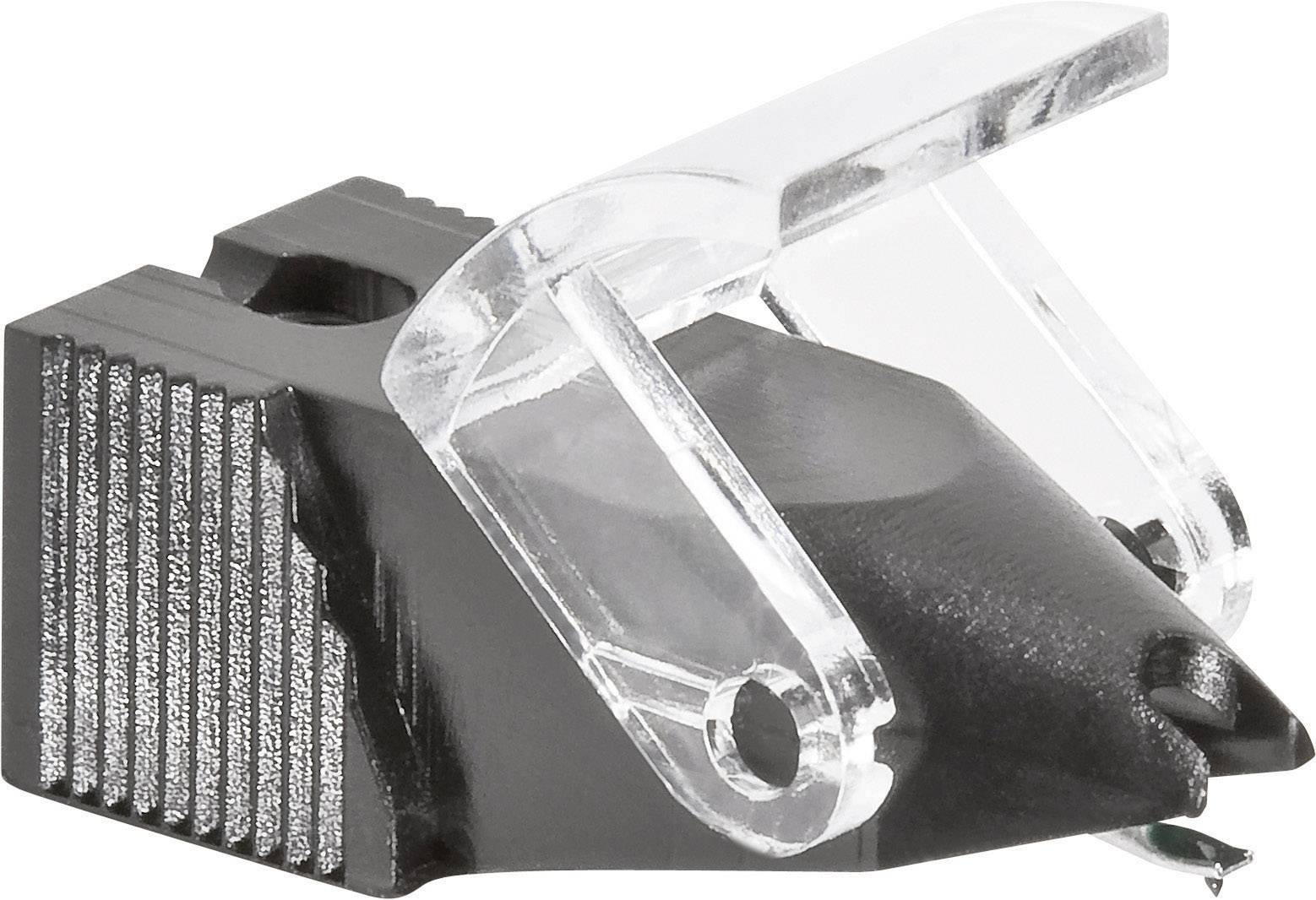 A black turntable cartridge system with silver grooves and a transparent plastic protective cover.