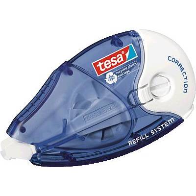 Correction rollers in blue plastic packaging with the Tesa logo, 'Correction Refill System' inscription, made from recycled material.