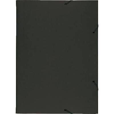 A black folder with three black binding strips along the edges.
