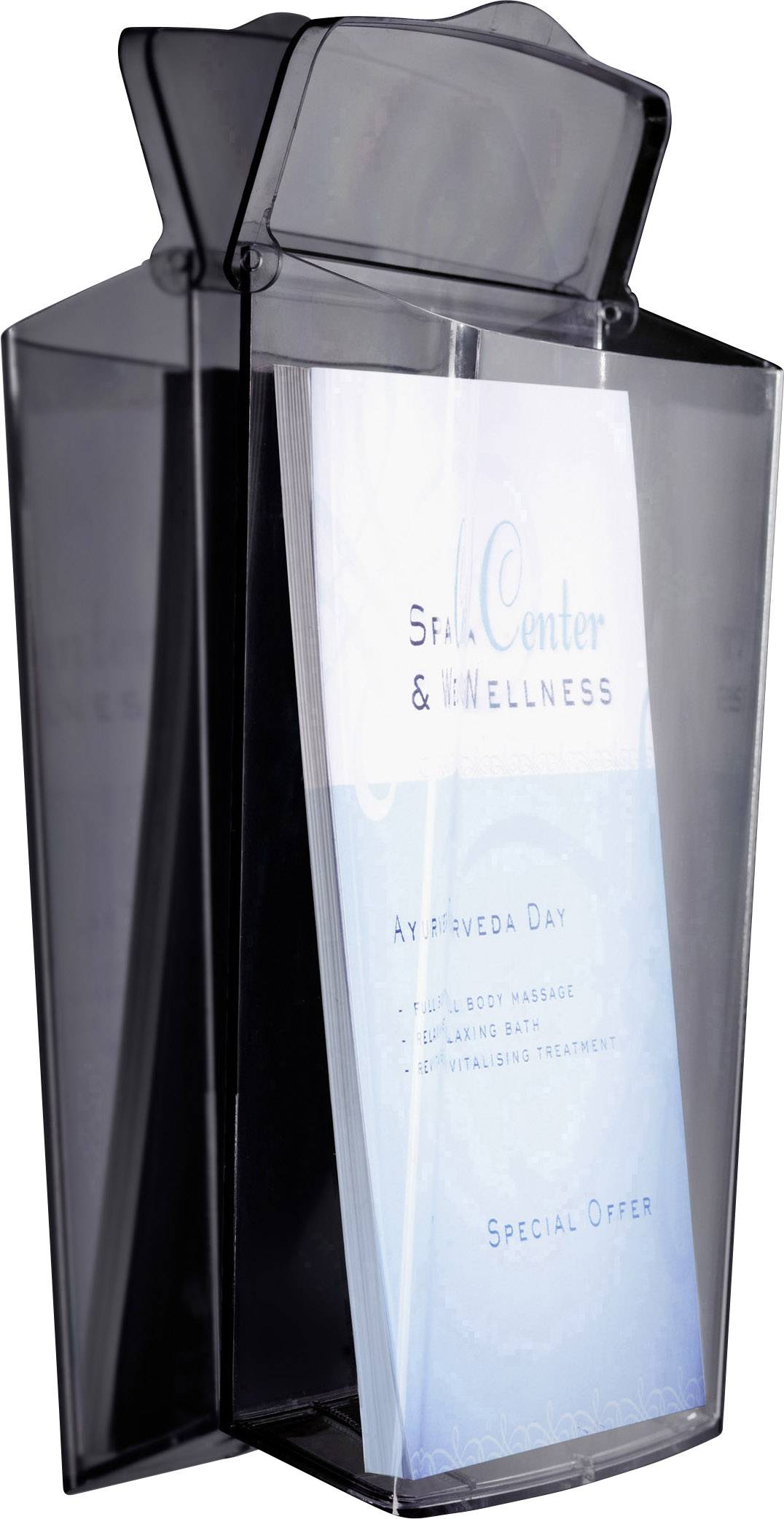 A black brochure holder with a leaflet for a spa centre. The leaflet advertises 'Ayurveda Day' and 'Special Offer'.