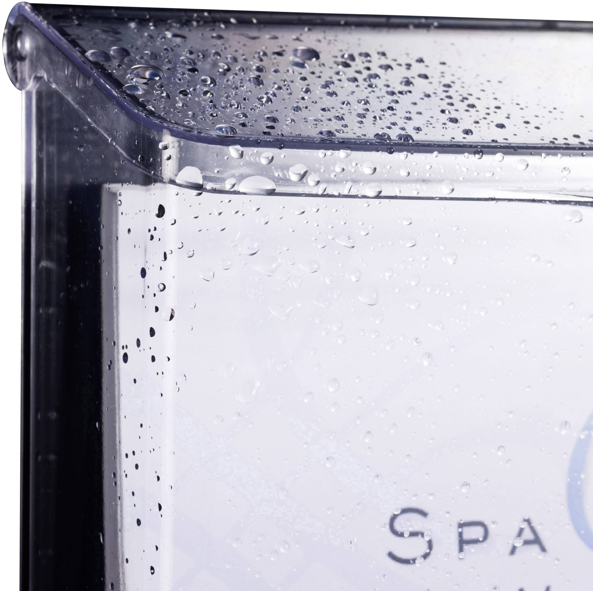 Close-up of a wet glass case or rain shelter partially obscuring text in the background.