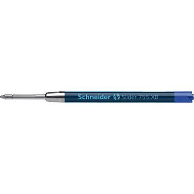 Blue-ink ballpoint pen with a transparent casing, marked with 'Schneider Slider 755 XB'.