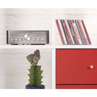 '''An amplifier, CDs and a cactus on a shelf next to a red drawer unit.'''