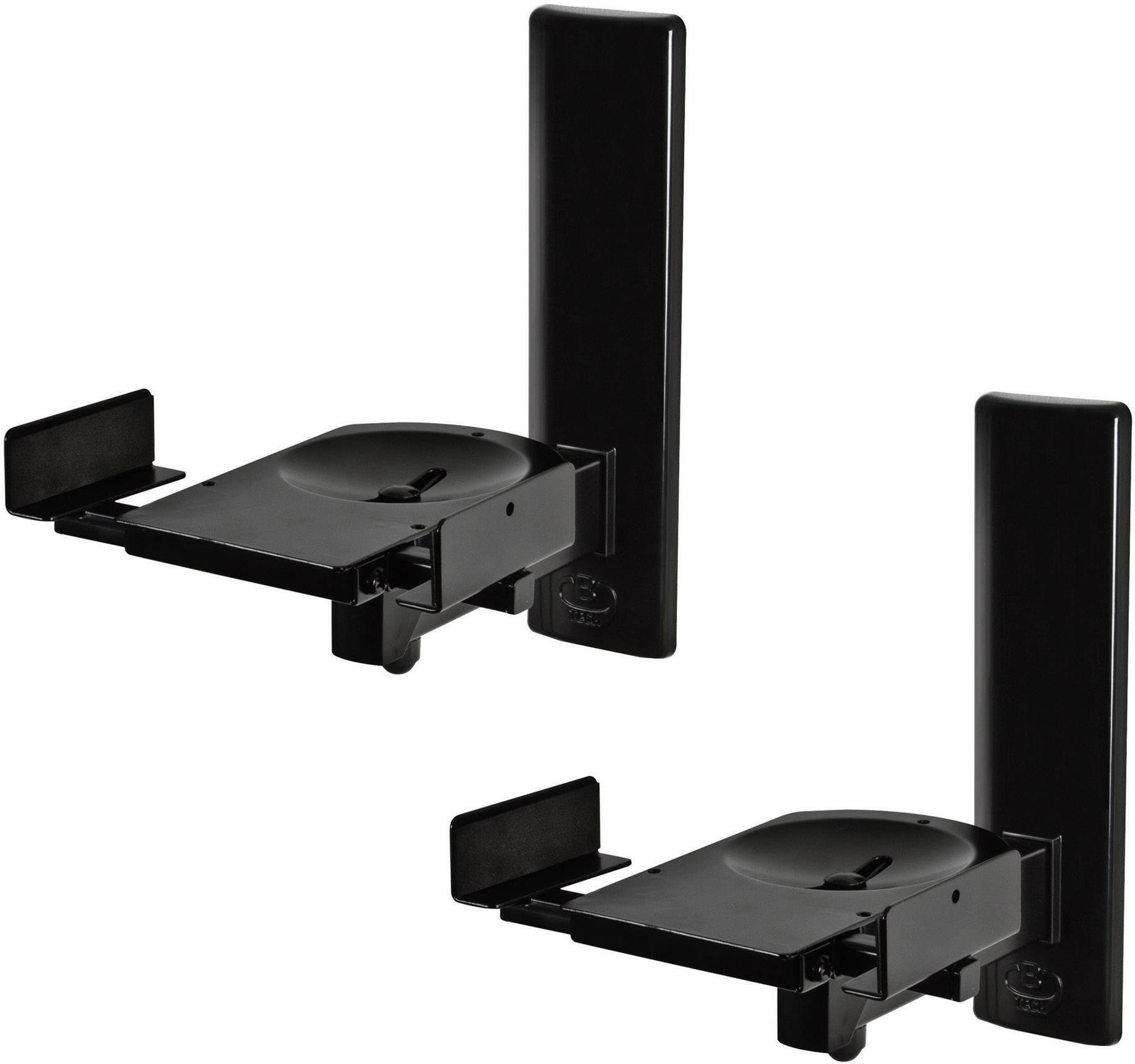 Two black speaker wall mounts with adjustable arms suitable for different speaker sizes.