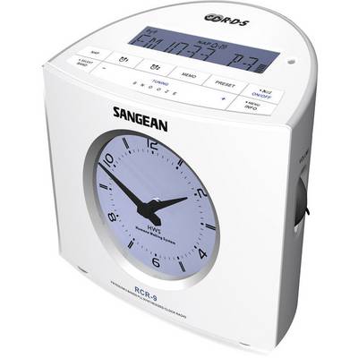 White radio alarm clock with an analogue clock display at the bottom and a digital display at the top. Shows the current time, radio station, and settings.